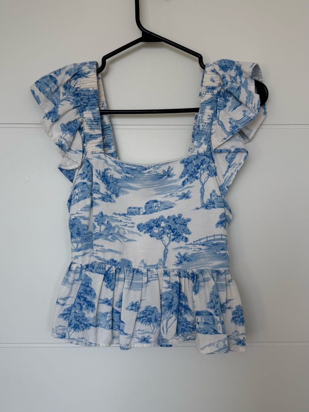 Square-Neck Blue & White Toile Peplum Blouse